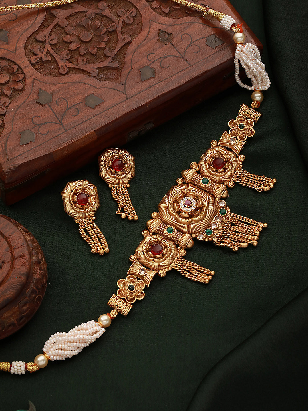 Women GoldPlated Red KempStudded Temple Jewellery Set